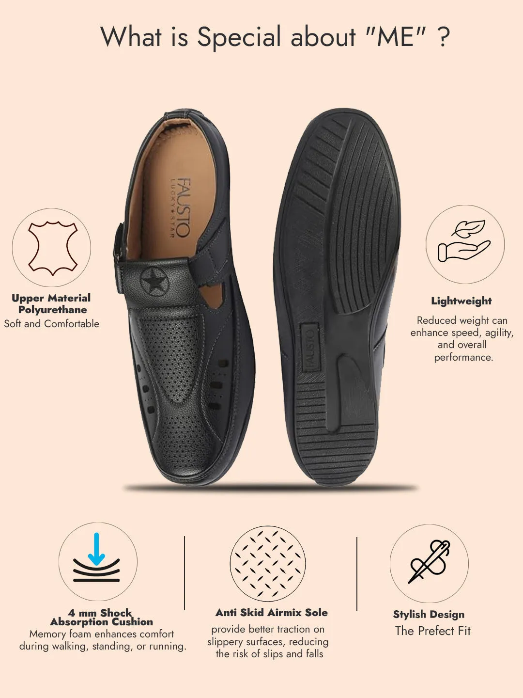 FAUSTO Men Black Back Open Perforated Breathable Casual Sandal With Cushioned Footbed|Adujstable Strap Stitched Slip On Sandal For Work|Evening