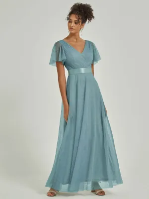[Final Sale] Moody Blue Tulle V-Neck Ruffle Sleeves Floor Length Bridesmaid Gown