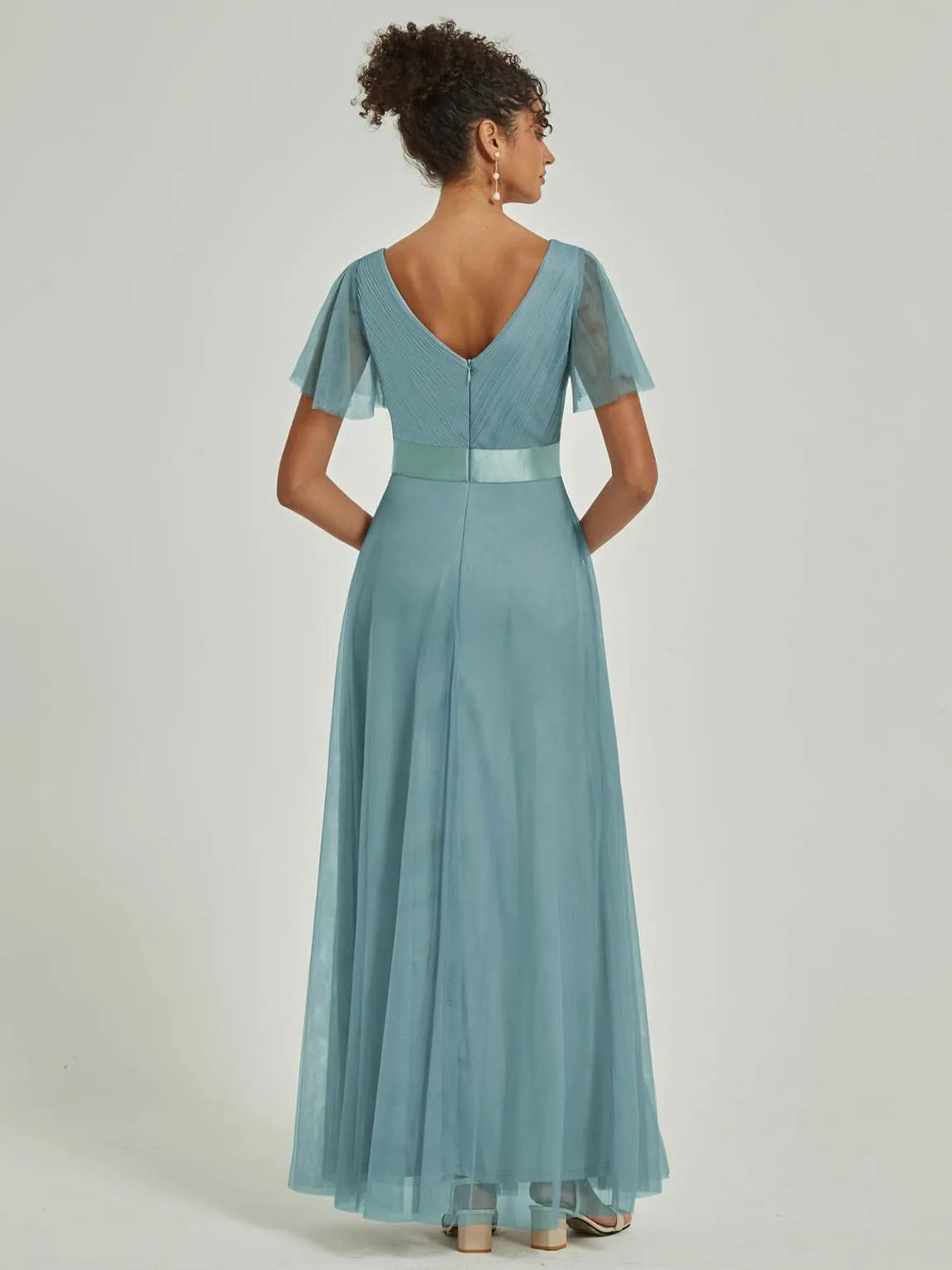[Final Sale] Moody Blue Tulle V-Neck Ruffle Sleeves Floor Length Bridesmaid Gown