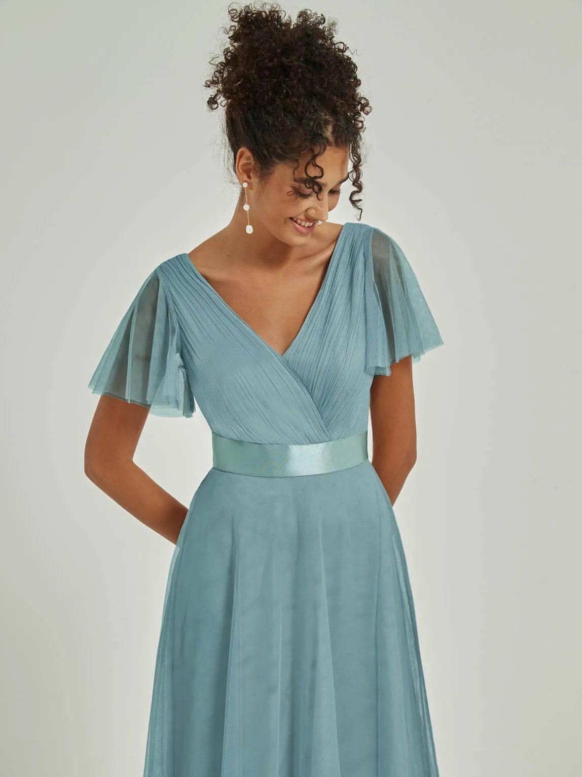 [Final Sale] Moody Blue Tulle V-Neck Ruffle Sleeves Floor Length Bridesmaid Gown