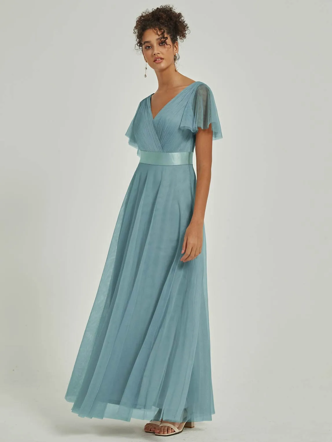 [Final Sale] Moody Blue Tulle V-Neck Ruffle Sleeves Floor Length Bridesmaid Gown