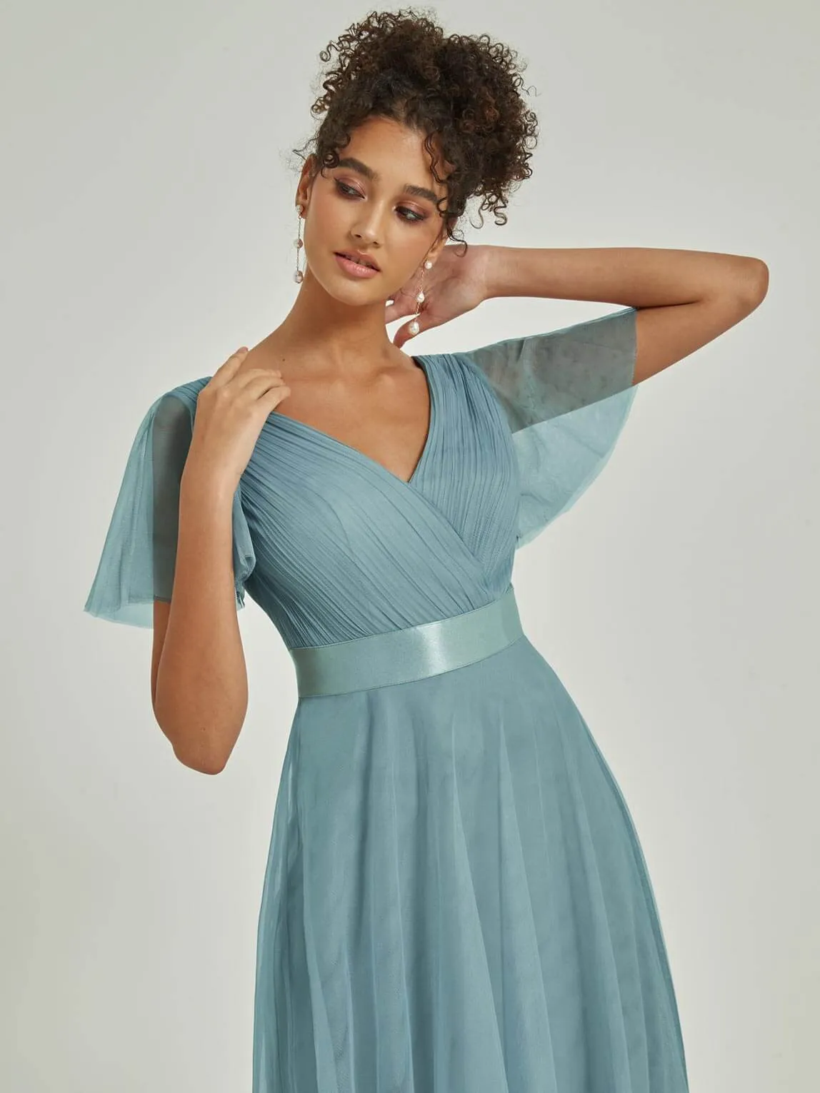 [Final Sale] Moody Blue Tulle V-Neck Ruffle Sleeves Floor Length Bridesmaid Gown