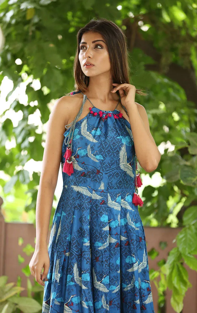 Flying Cranes Printed Flared Maxi Dress