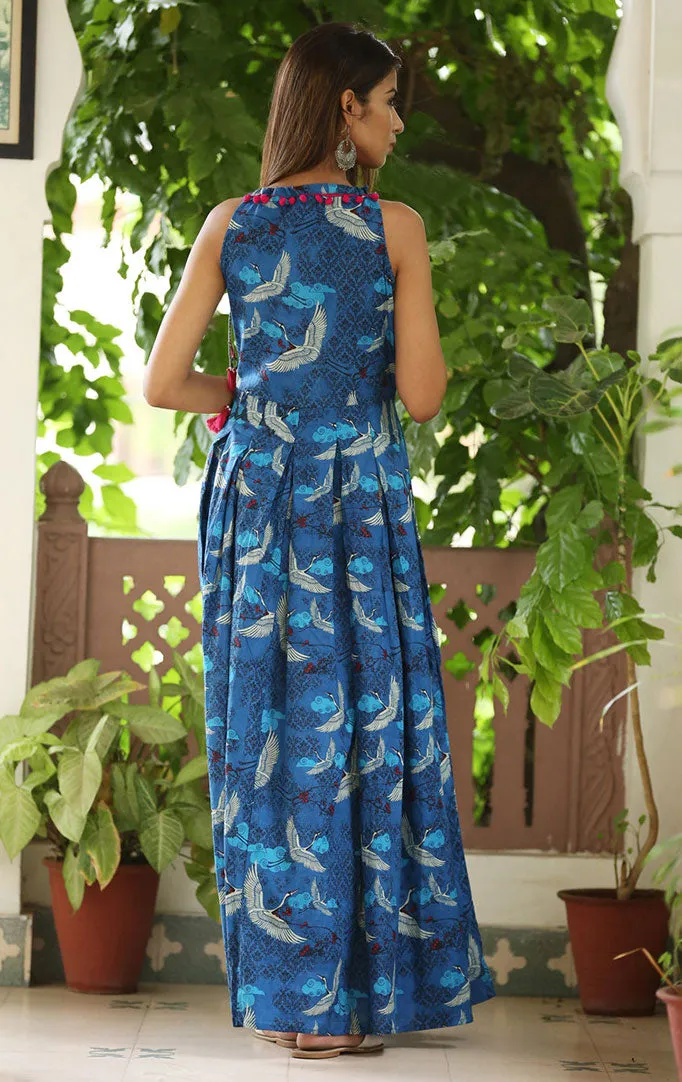 Flying Cranes Printed Flared Maxi Dress