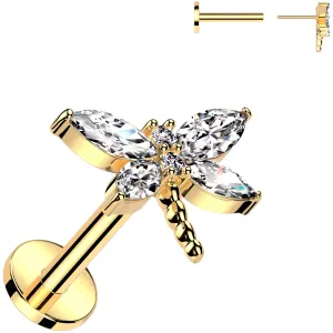 Gold Tone Surgical Steel Flat Back Earring - 16 Gauge With Cubic Zirconia Dragonfly