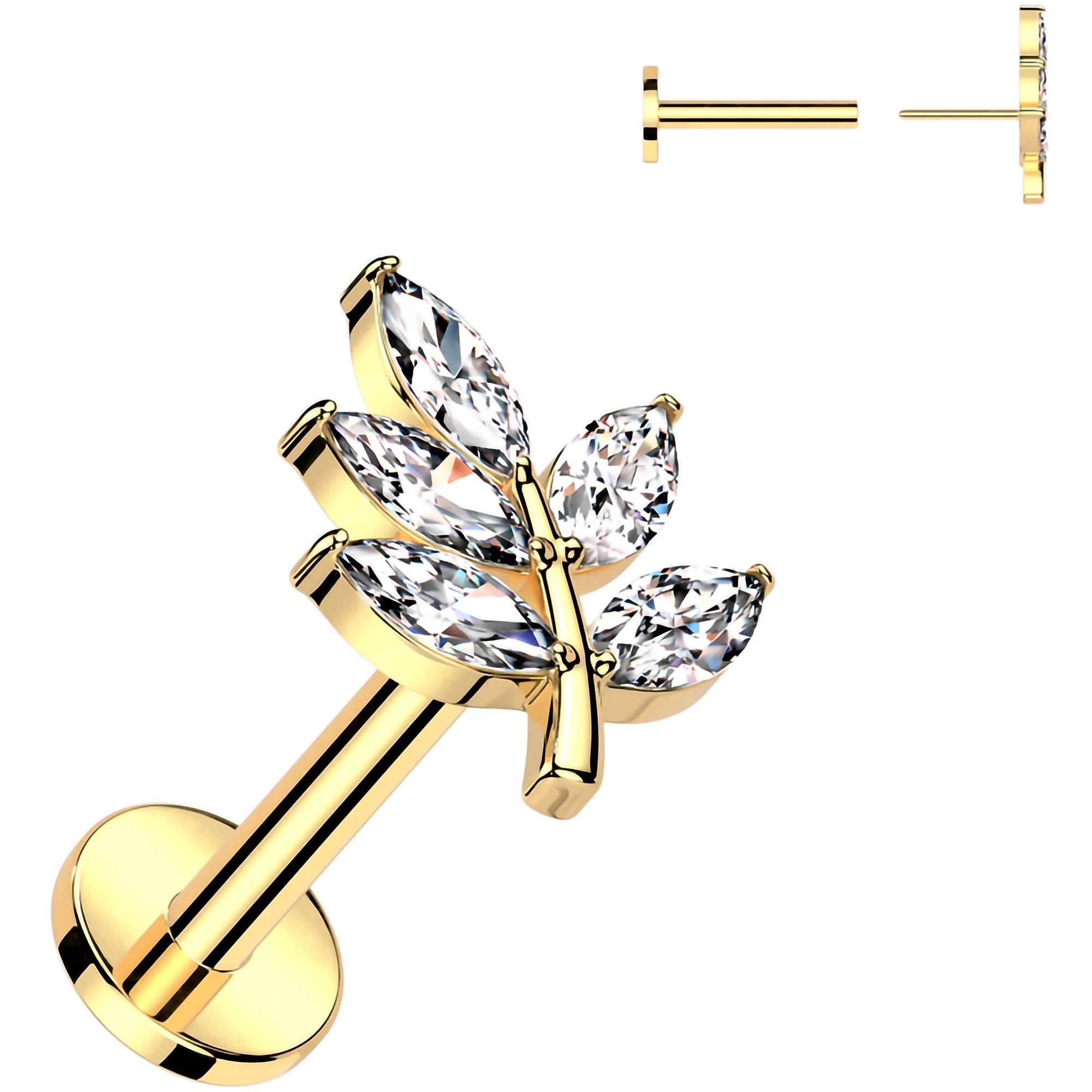 Gold Tone Surgical Steel Flat Back Earring - 16 Gauge With Cubic Zirconia Leaves