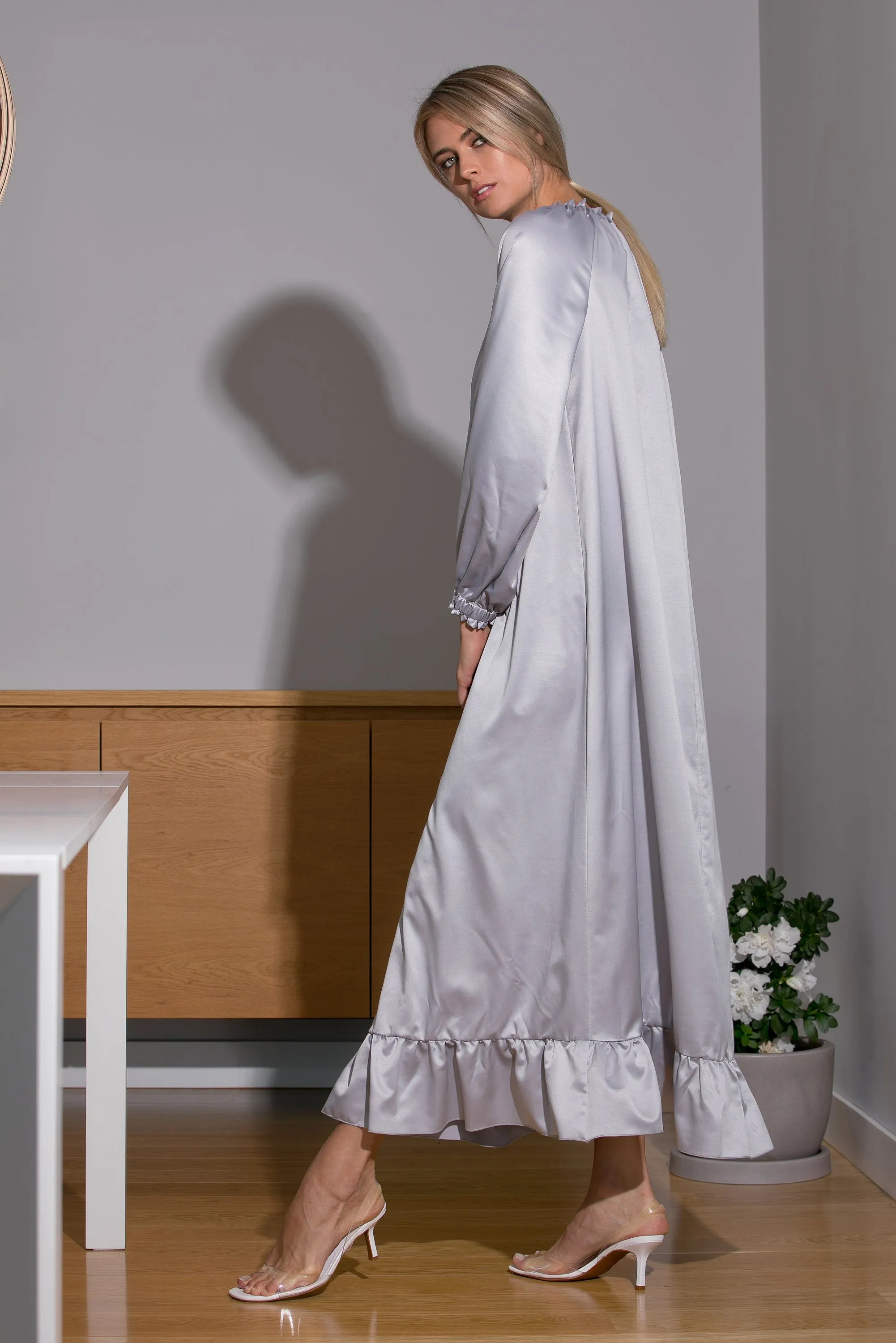 Grey Satin Dress, Maxi Dress, Elegant Dress, Kaftan Dress, Satin Clothing, Formal Dress, Boho Dress, Long Sleeve Dress, Cocktail Dress