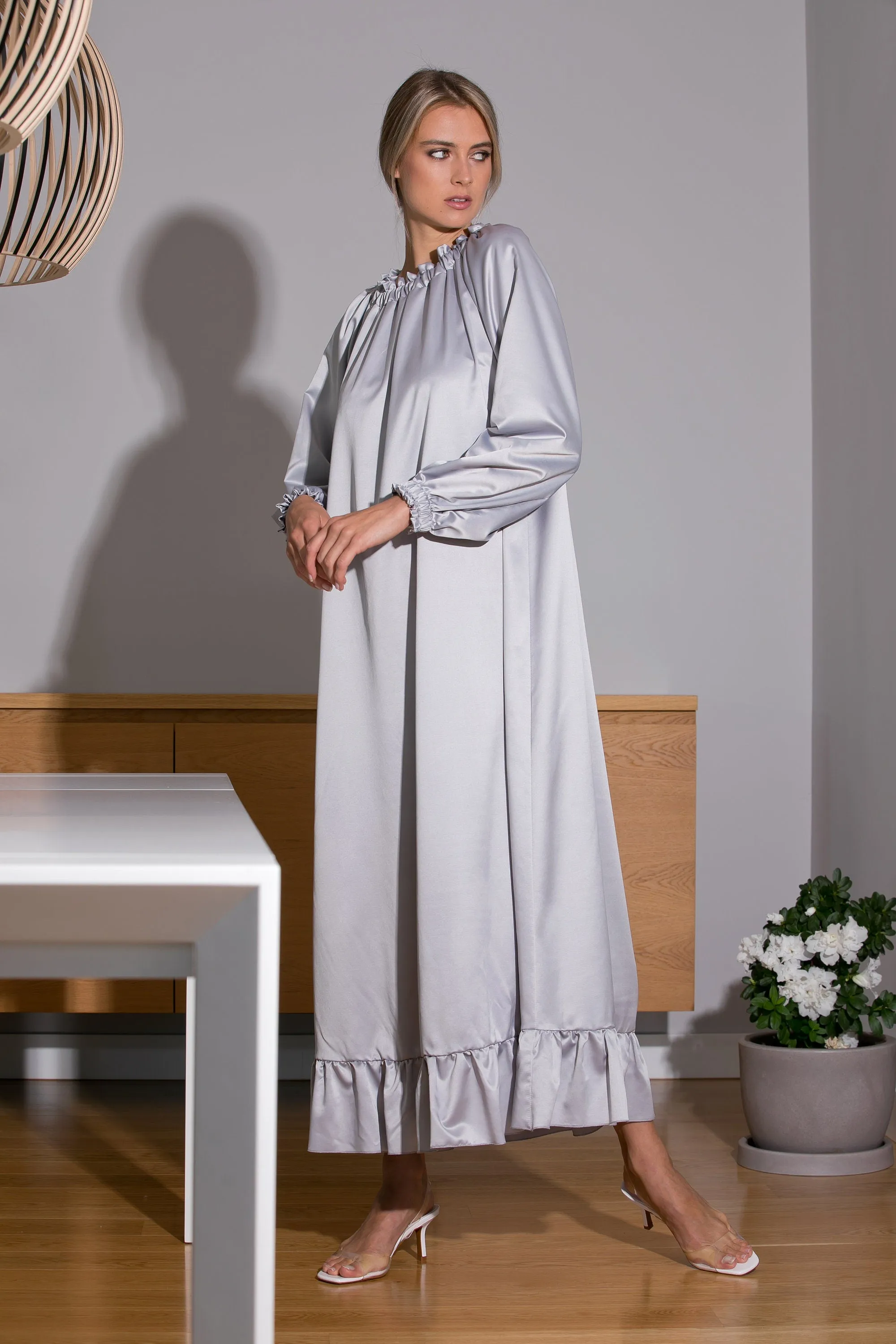 Grey Satin Dress, Maxi Dress, Elegant Dress, Kaftan Dress, Satin Clothing, Formal Dress, Boho Dress, Long Sleeve Dress, Cocktail Dress