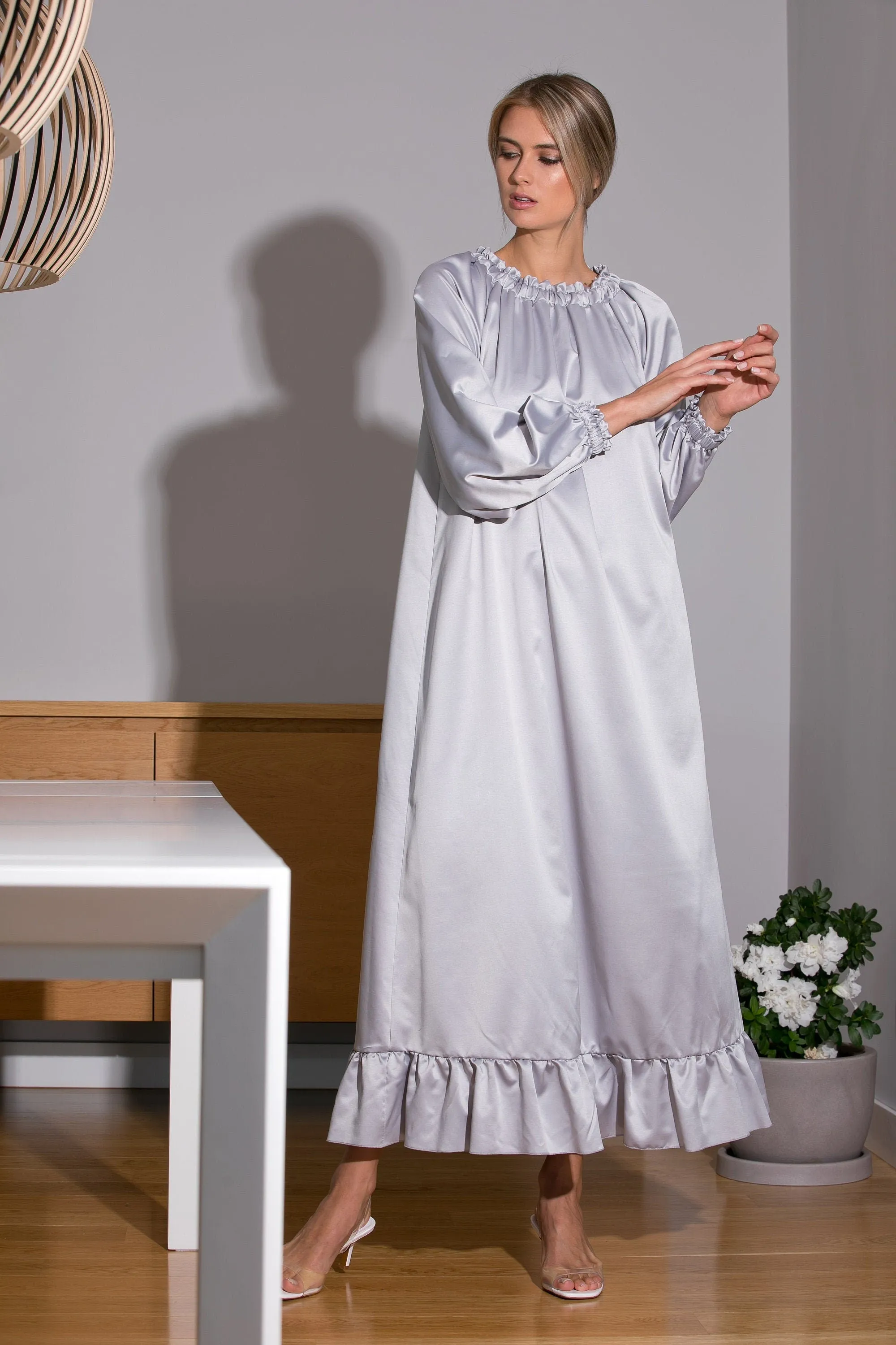 Grey Satin Dress, Maxi Dress, Elegant Dress, Kaftan Dress, Satin Clothing, Formal Dress, Boho Dress, Long Sleeve Dress, Cocktail Dress