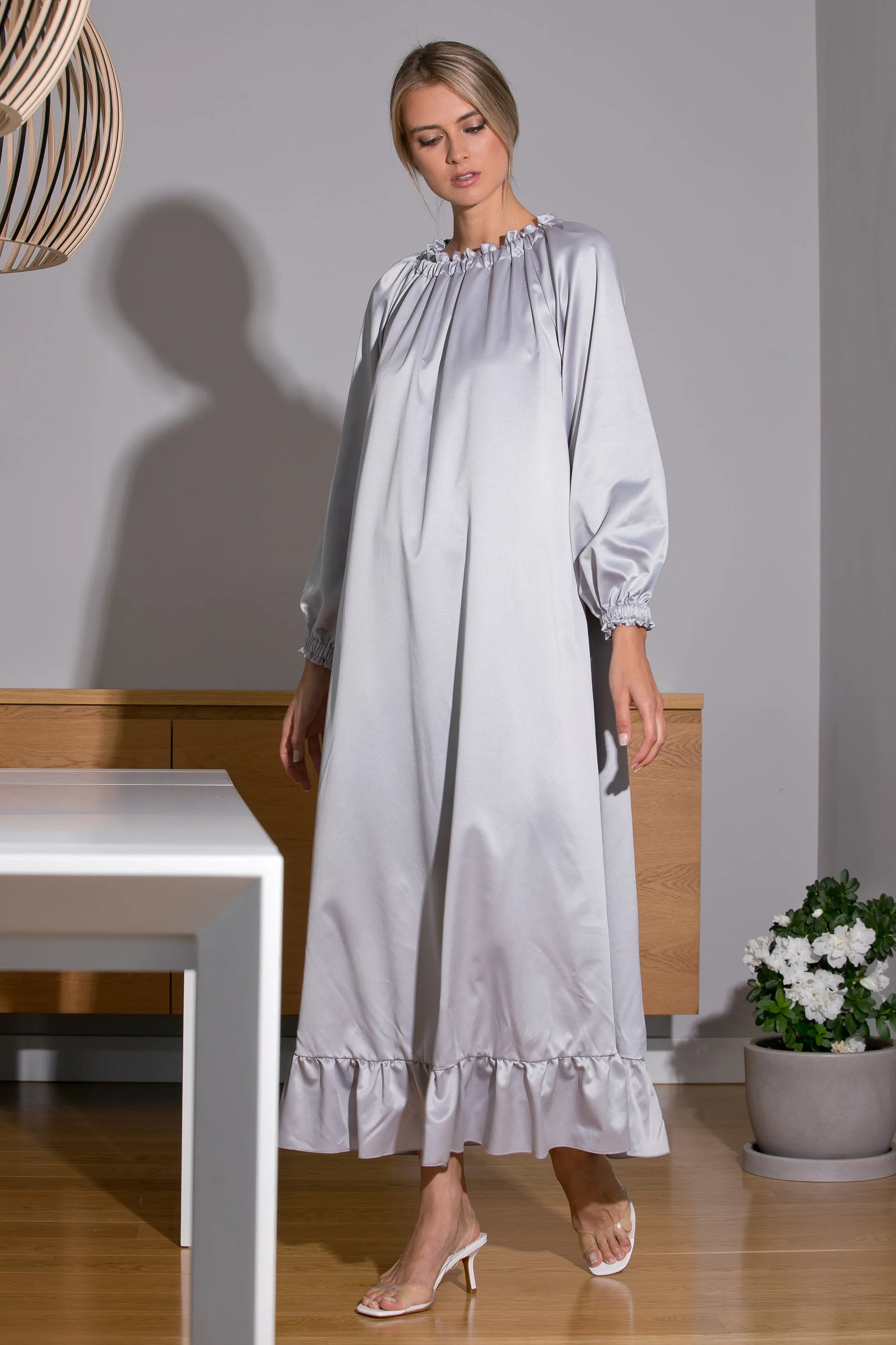 Grey Satin Dress, Maxi Dress, Elegant Dress, Kaftan Dress, Satin Clothing, Formal Dress, Boho Dress, Long Sleeve Dress, Cocktail Dress