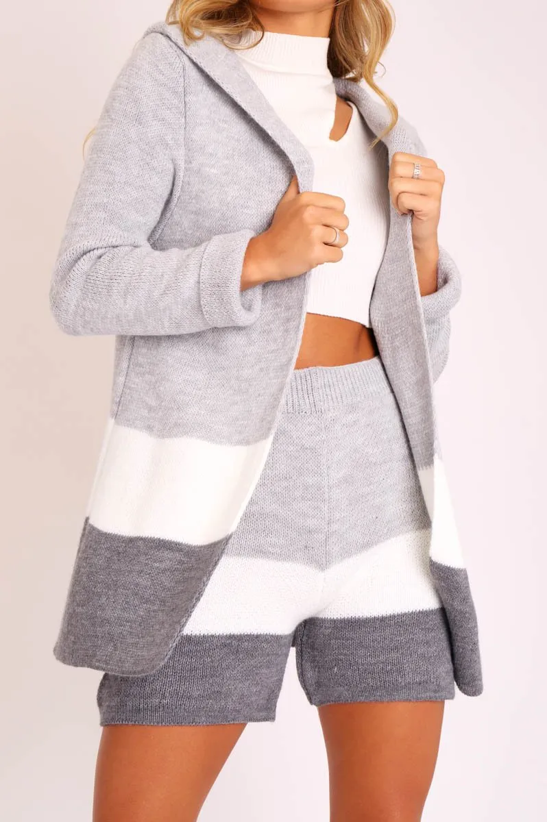 Grey White Knitted Shorts and Hooded Cardigan Co-ord - Kyrie