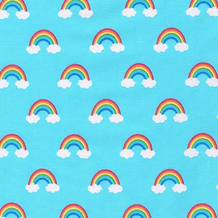 Happy Little Unicorns Rainbows on blue by Robert Kaufman