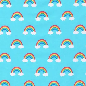 Happy Little Unicorns Rainbows on blue by Robert Kaufman