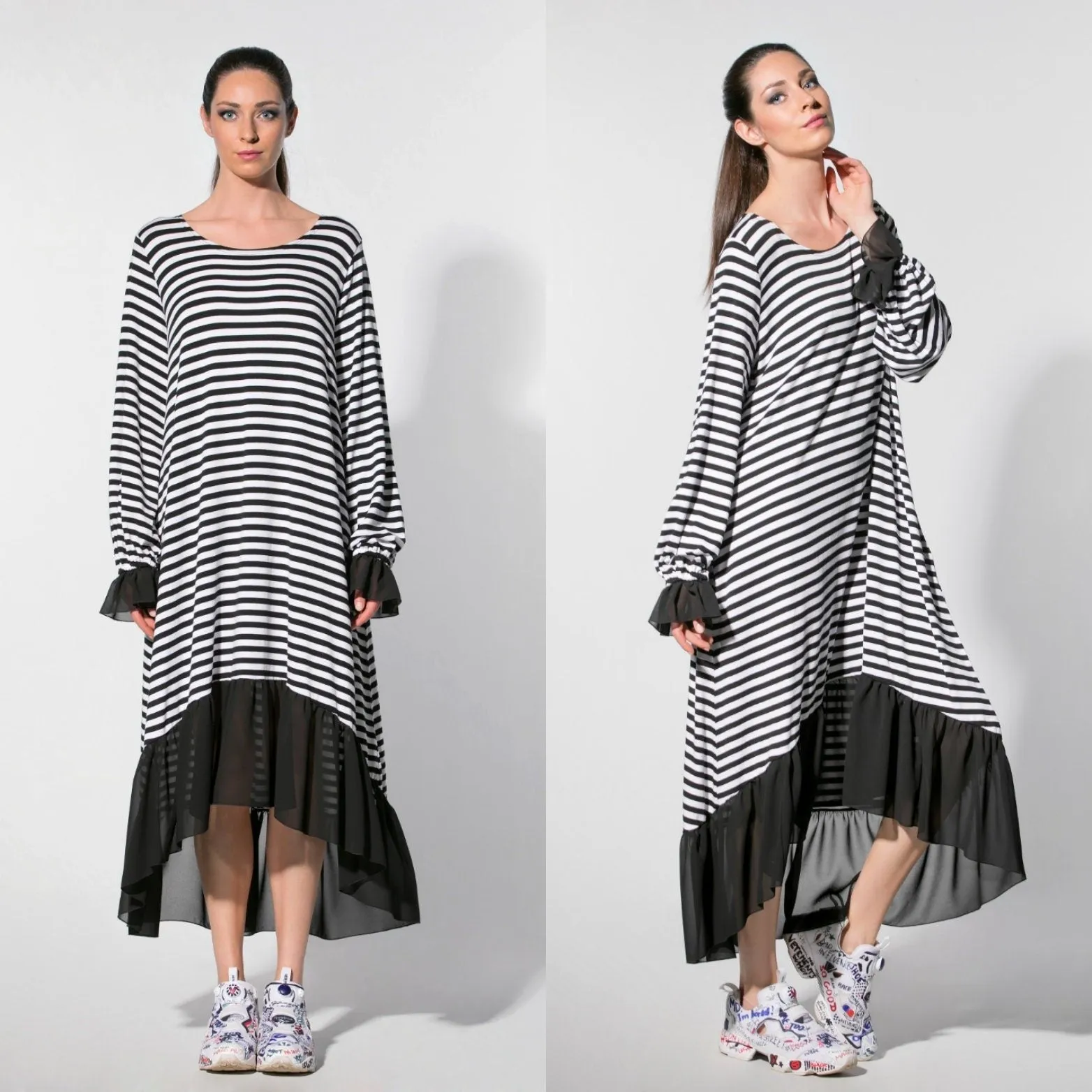 High Low Dress, Striped Dress, High Low Maxi Dress, Ruffle Dress, Black and White Dress, Plus Size Maxi Dress, Long Sleeve Maxi Dress