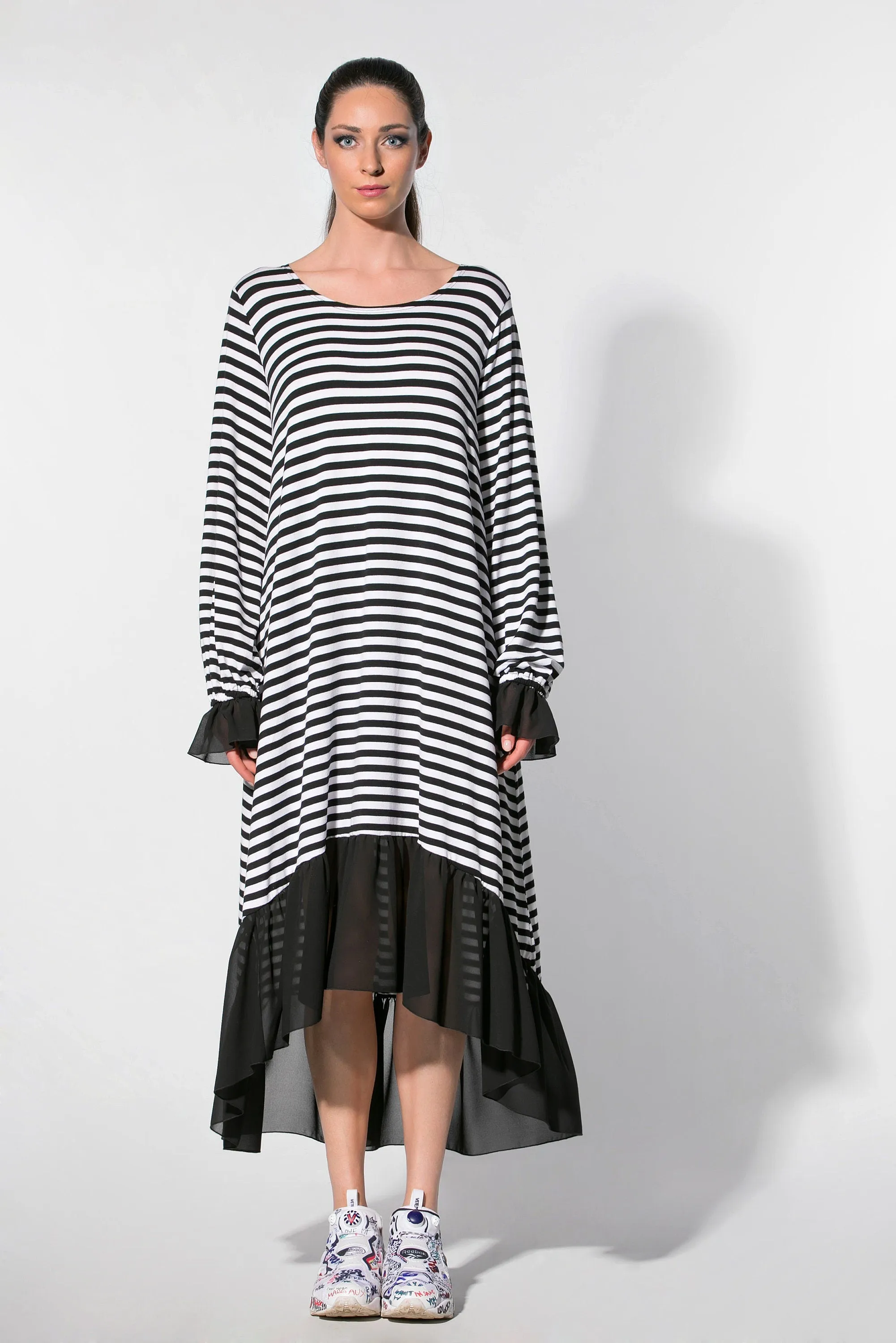 High Low Dress, Striped Dress, High Low Maxi Dress, Ruffle Dress, Black and White Dress, Plus Size Maxi Dress, Long Sleeve Maxi Dress