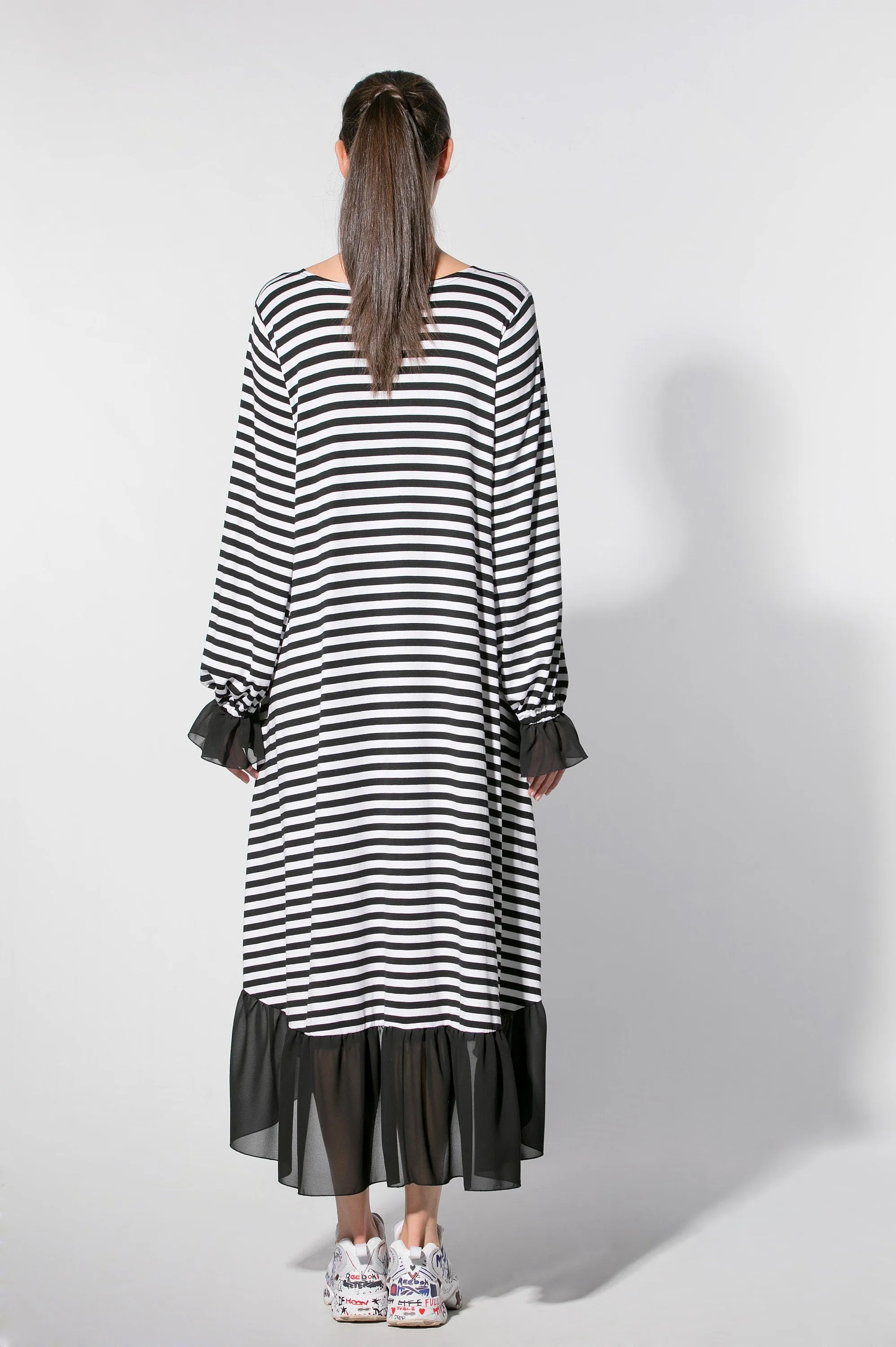 High Low Dress, Striped Dress, High Low Maxi Dress, Ruffle Dress, Black and White Dress, Plus Size Maxi Dress, Long Sleeve Maxi Dress