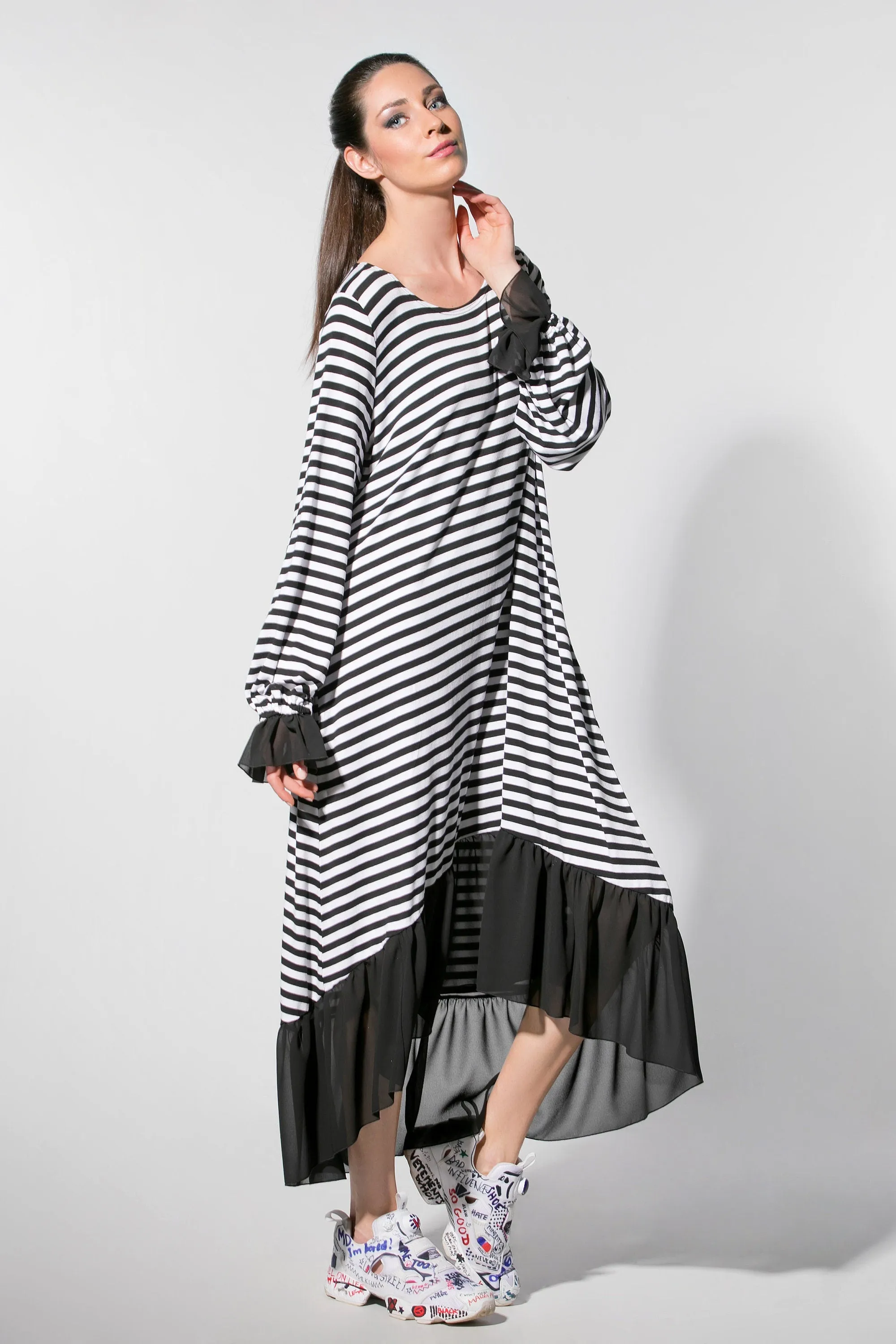 High Low Dress, Striped Dress, High Low Maxi Dress, Ruffle Dress, Black and White Dress, Plus Size Maxi Dress, Long Sleeve Maxi Dress