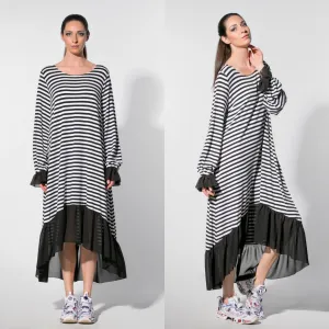 High Low Dress, Striped Dress, High Low Maxi Dress, Ruffle Dress, Black and White Dress, Plus Size Maxi Dress, Long Sleeve Maxi Dress