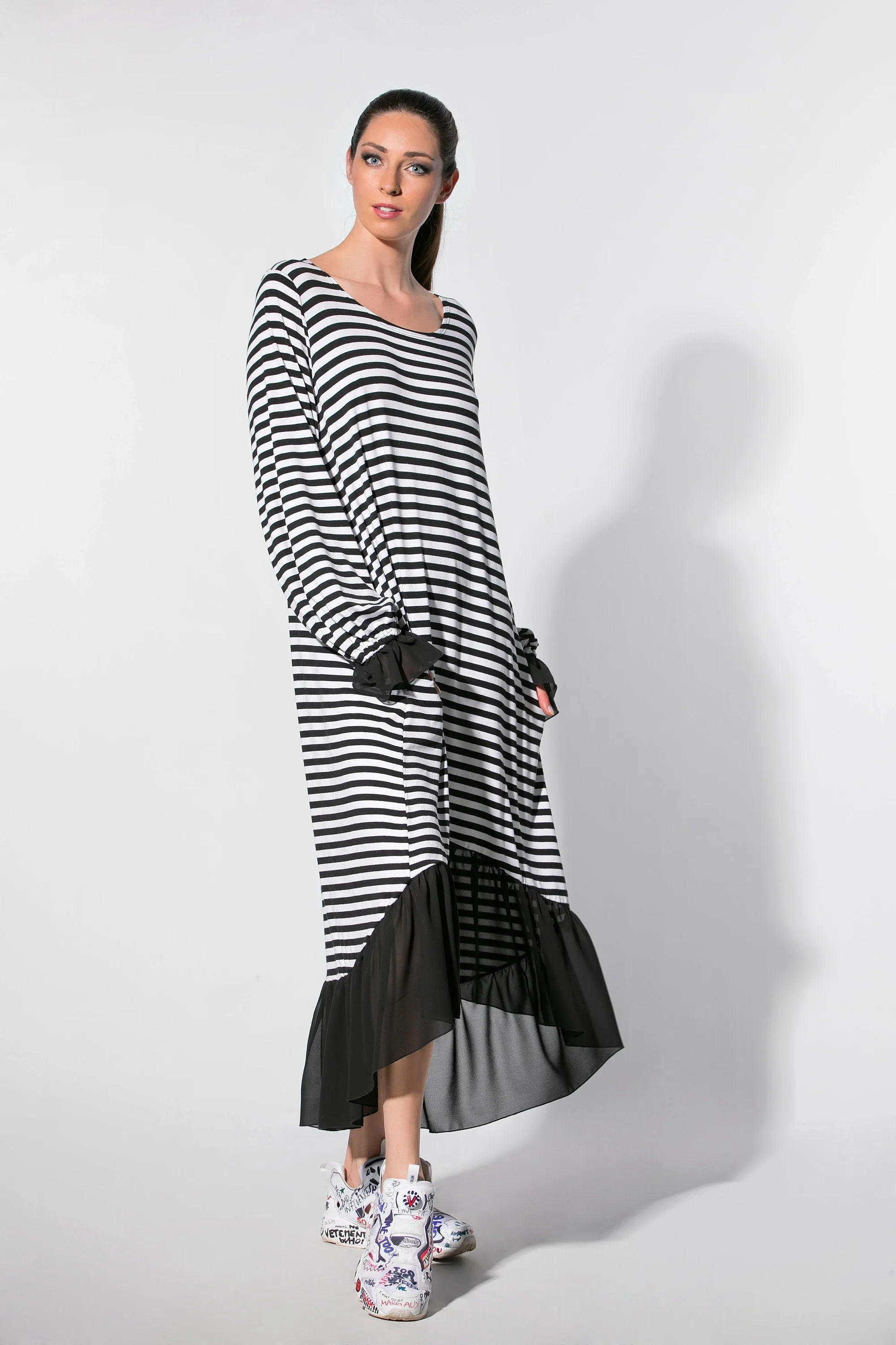 High Low Dress, Striped Dress, High Low Maxi Dress, Ruffle Dress, Black and White Dress, Plus Size Maxi Dress, Long Sleeve Maxi Dress