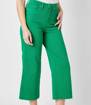 HIGH WAIST KELLY GREEN GARMENT DYED TUMMY CONTROL CROP WIDE LEG