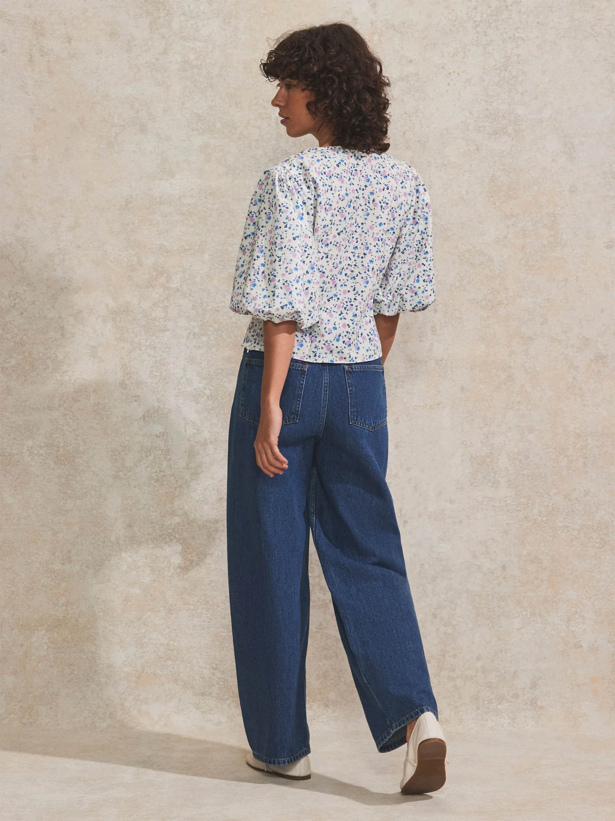 Ivory Ditsy-Print Twist-Front Blouse