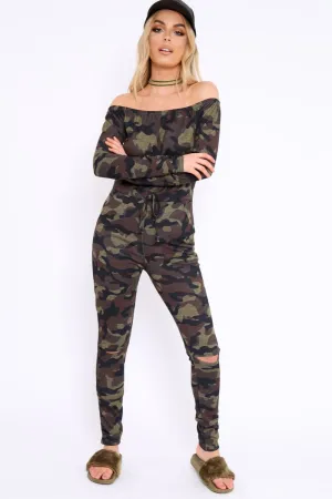 Khaki Camo Rip Knee Jumpsuit - Chyna