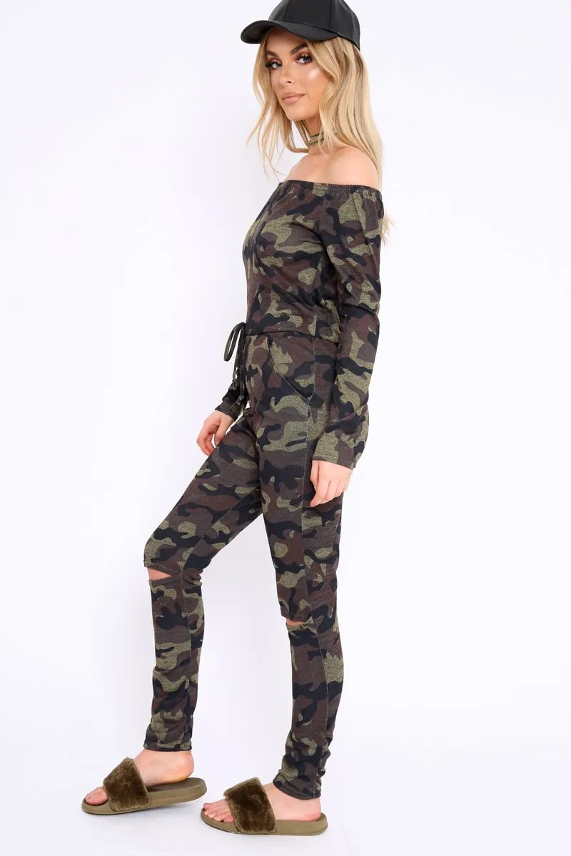 Khaki Camo Rip Knee Jumpsuit - Chyna