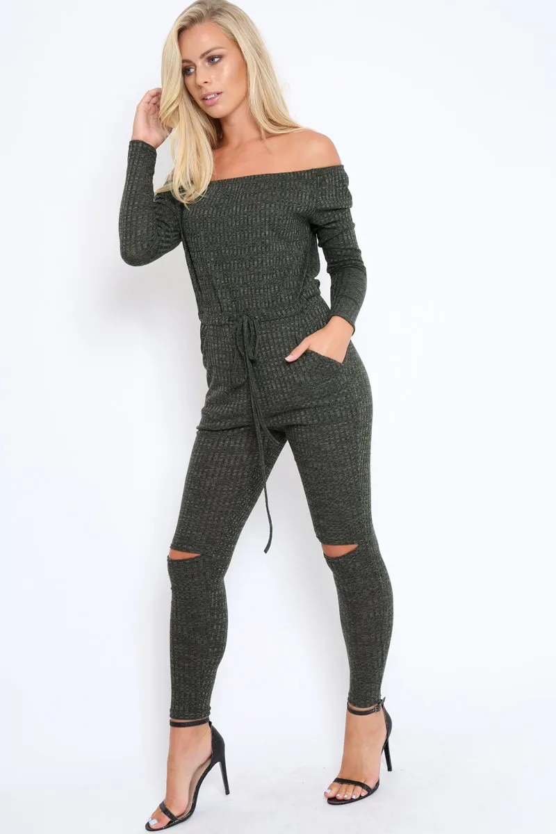 Khaki Ribbed Rip Knee Jumpsuit - Chyna