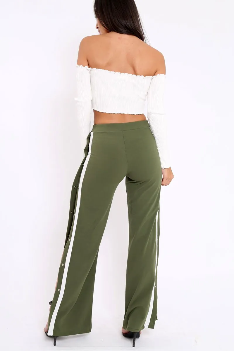 Khaki Side Popper White Stripes Trousers - Sady