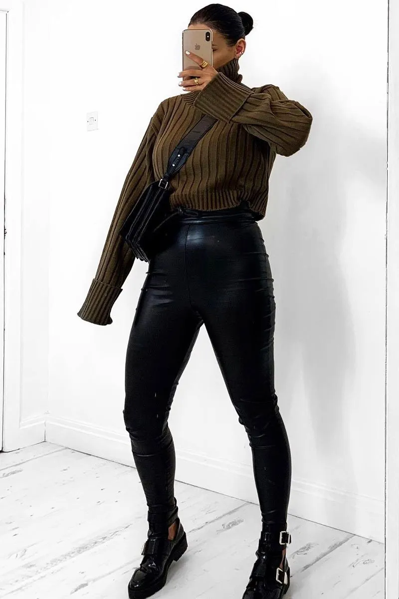 Khaki Wide Rib Roll Neck Jumper - Joyanna