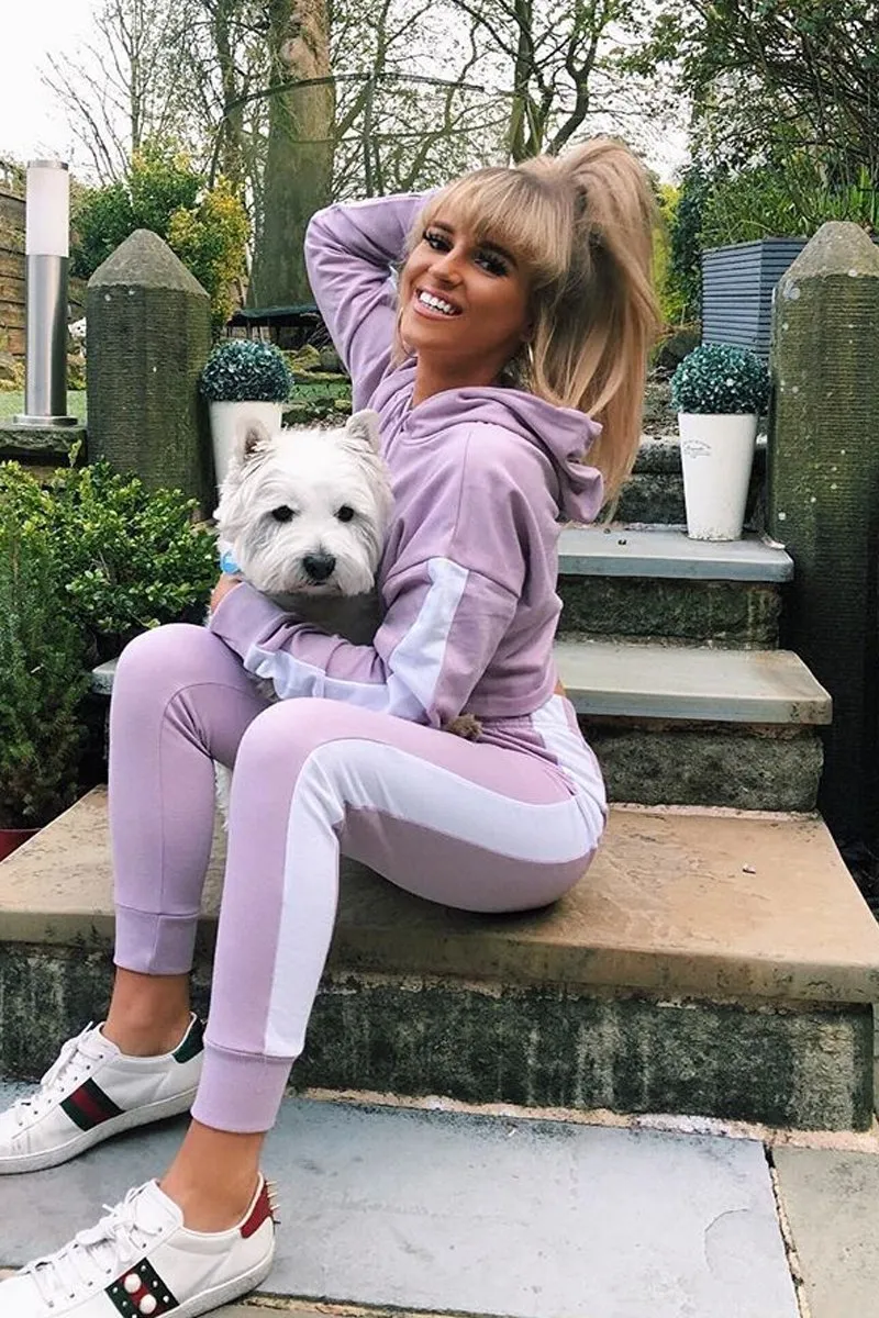 Lilac Side Stripe Cropped Hoodie and Jogger Set - Darshi
