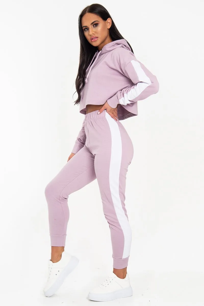 Lilac Side Stripe Cropped Hoodie and Jogger Set - Darshi