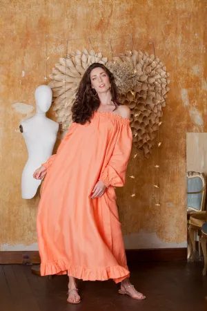 Linen Maxi Dress, Peach Dress, Linen Clothing, Off Shoulder Dress, Linen Boho Dress, Plus Size Linen, Linen Loose Dress, Beach Wedding Dress