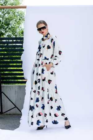 Maxi Dress with Long Sleeves and Flower Pattern, Draped Dress with Neck Ribbon, Floral Dress, Plus Size Clothing, Loose Dress with Pockets