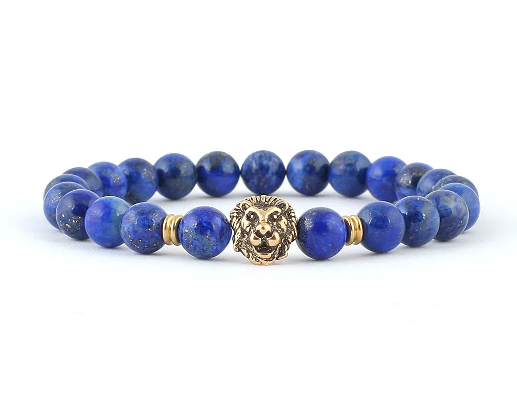 Men’s lion bracelet with blue lapis lazuli beads