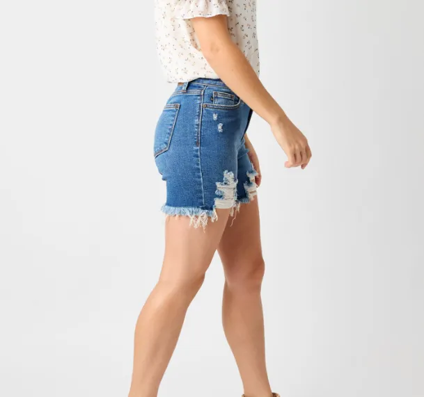 Mid Rise Destroy Fray Hem Shorts