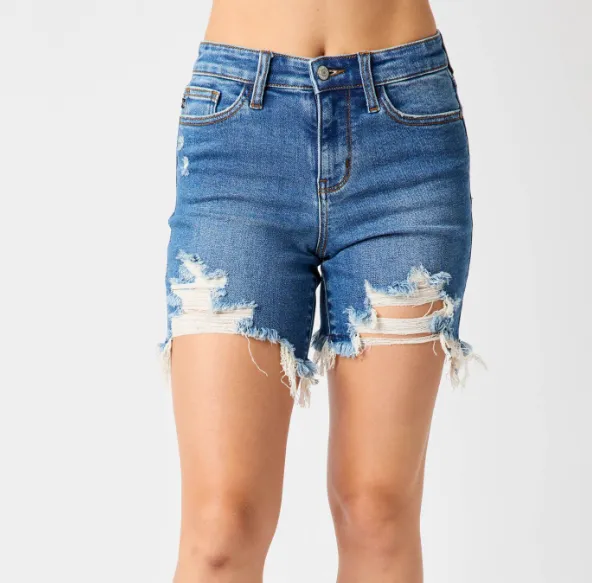 Mid Rise Destroy Fray Hem Shorts