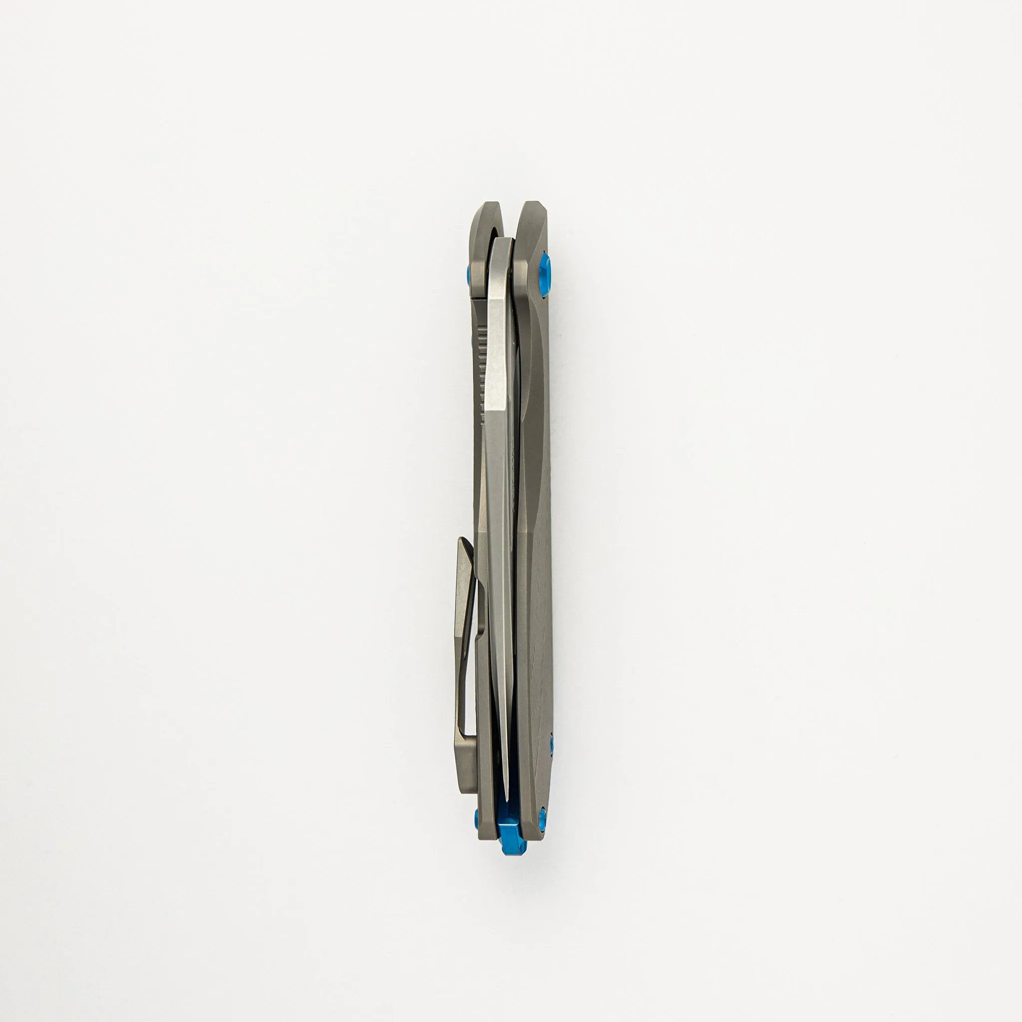 Mini Arius - Patterned Titanium Handle - Blue Hardware -  Burnished W/ Polished Flats M390 Blade
