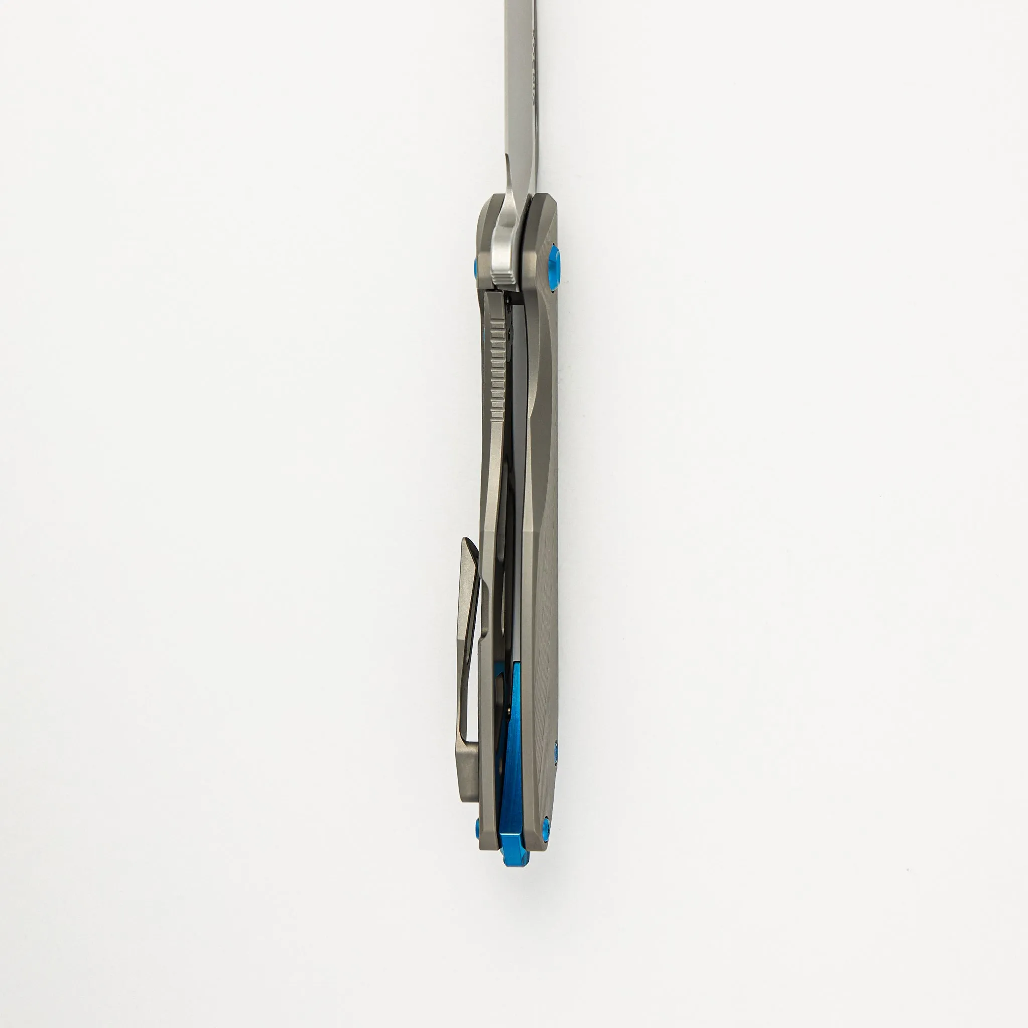 Mini Arius - Patterned Titanium Handle - Blue Hardware -  Burnished W/ Polished Flats M390 Blade
