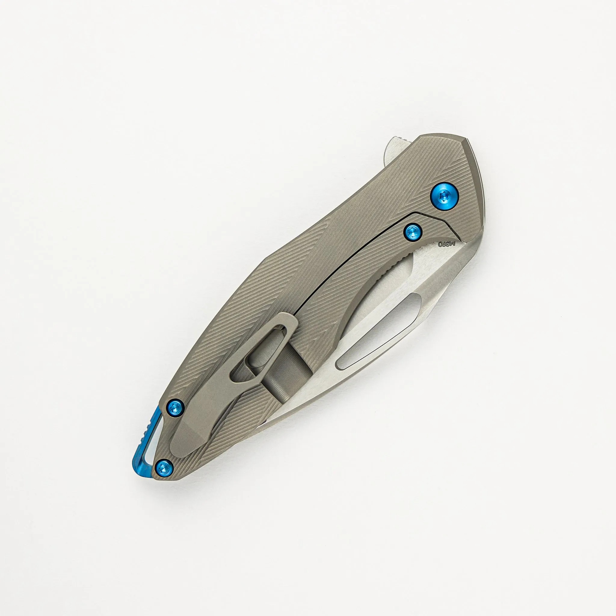 Mini Arius - Patterned Titanium Handle - Blue Hardware -  Burnished W/ Polished Flats M390 Blade