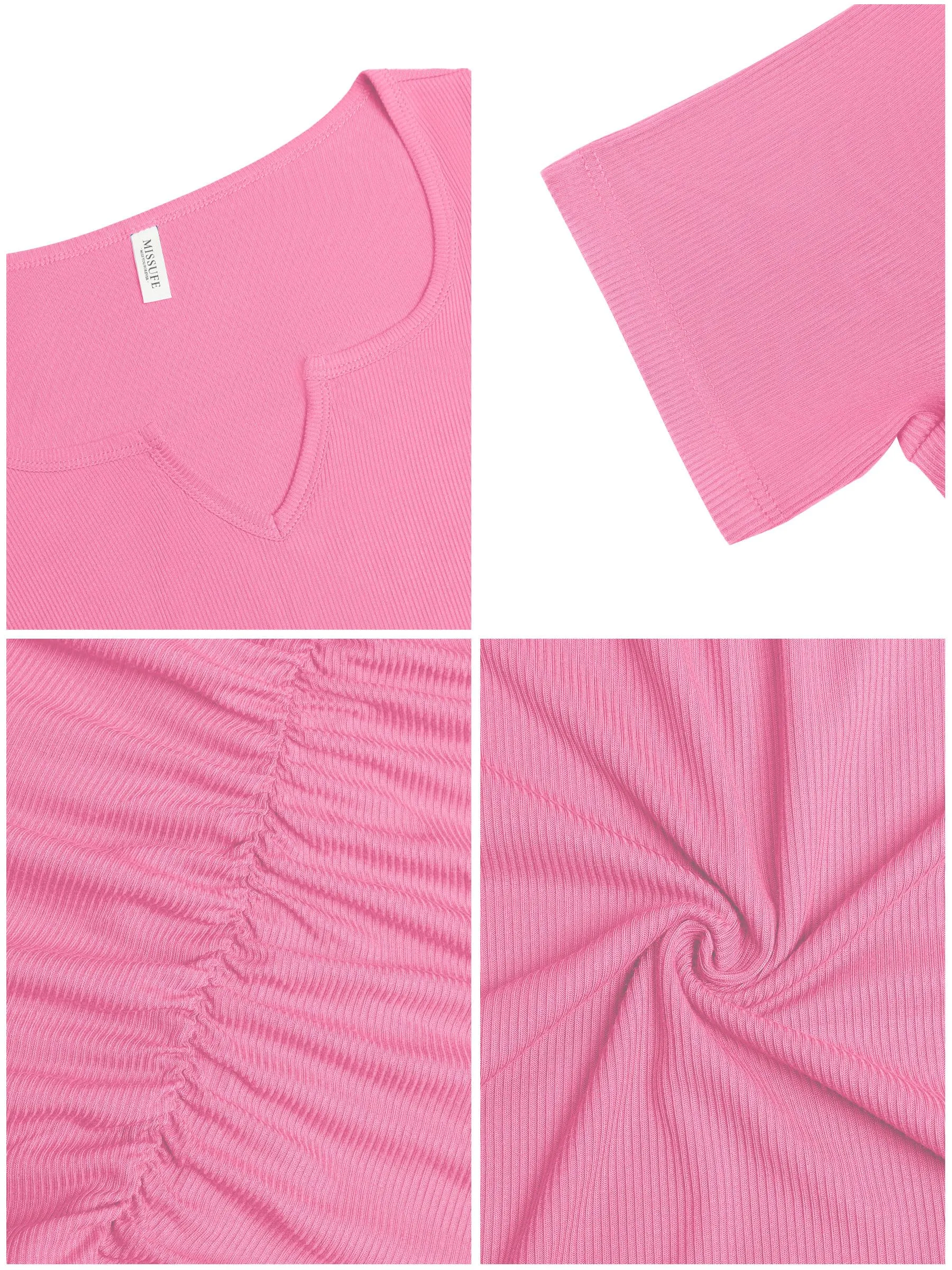 Missufe Women's Short Sleeve V Neck Ruched Bodycon Summer Casual Short T Shirt Dress (Pink, Large)