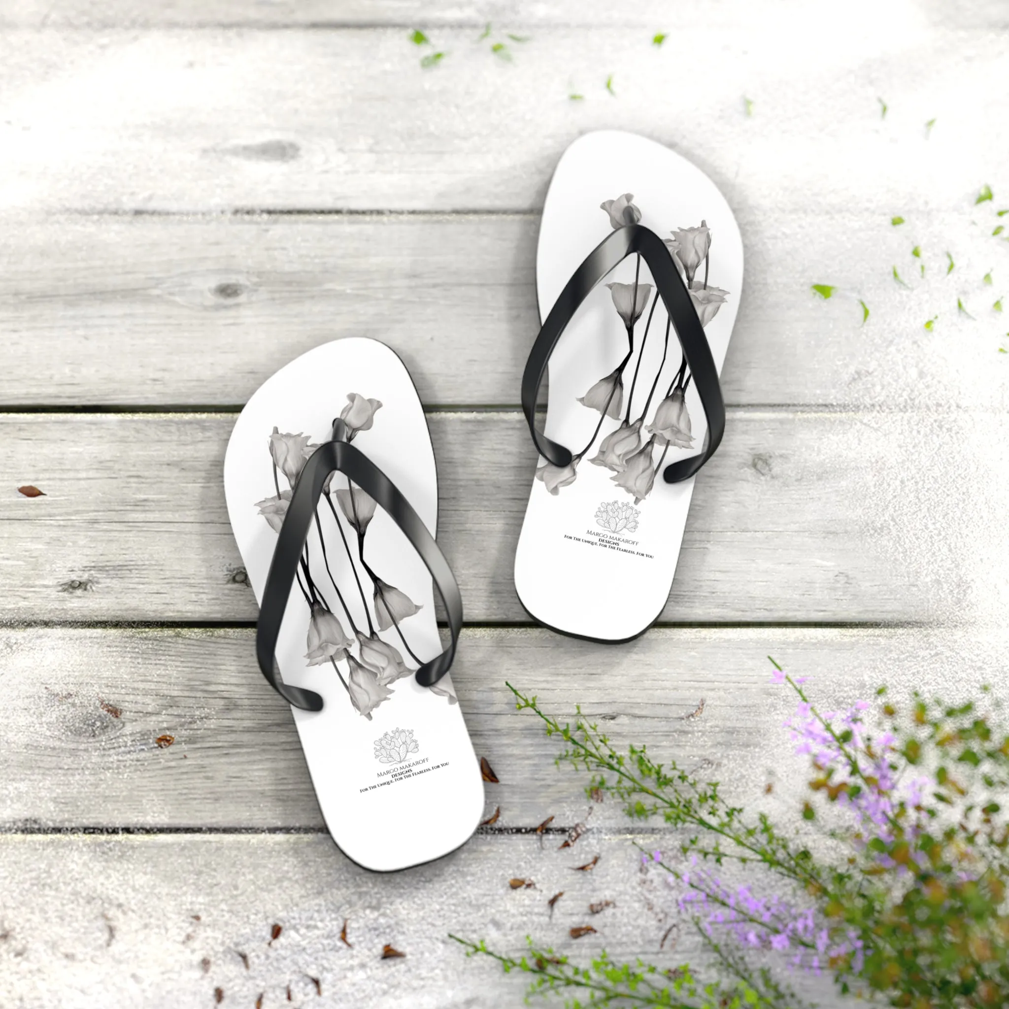 Monochrome Collection Floral Flip Flops - Stylish Summer Sandals - Margo Makaroff - Personalization Available