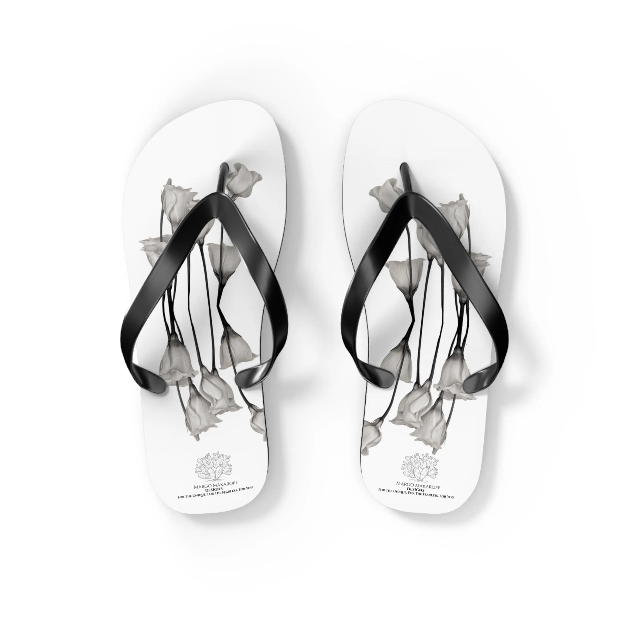 Monochrome Collection Floral Flip Flops - Stylish Summer Sandals - Margo Makaroff - Personalization Available