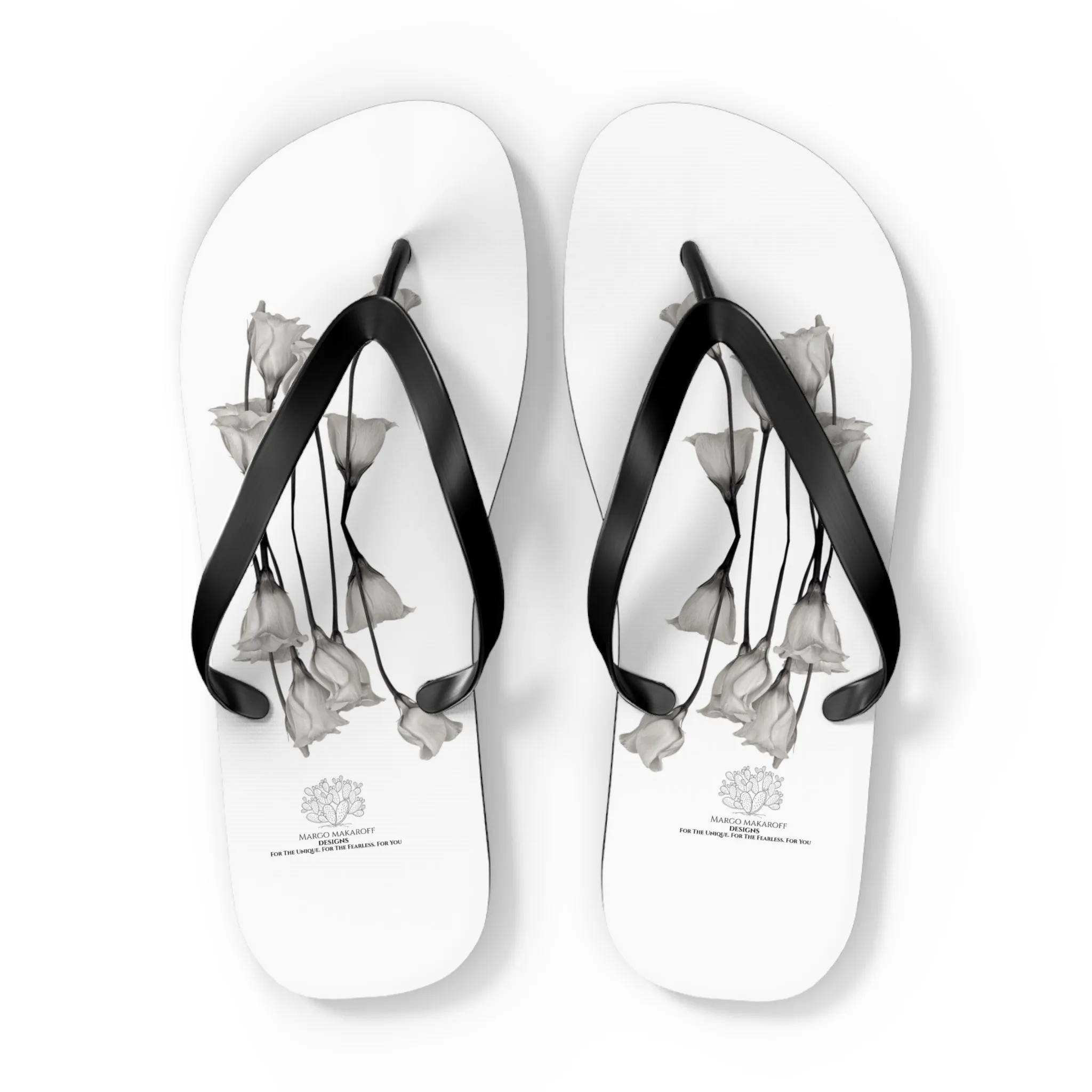 Monochrome Collection Floral Flip Flops - Stylish Summer Sandals - Margo Makaroff - Personalization Available