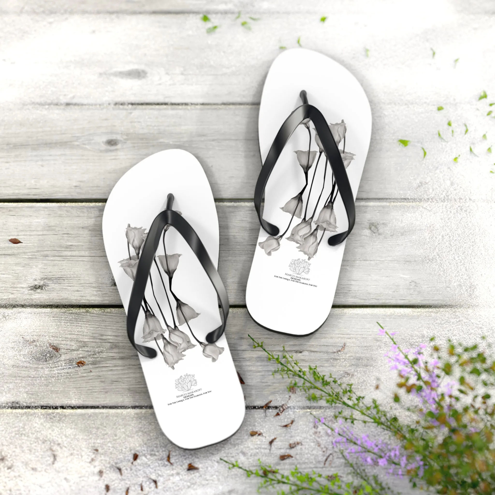 Monochrome Collection Floral Flip Flops - Stylish Summer Sandals - Margo Makaroff - Personalization Available