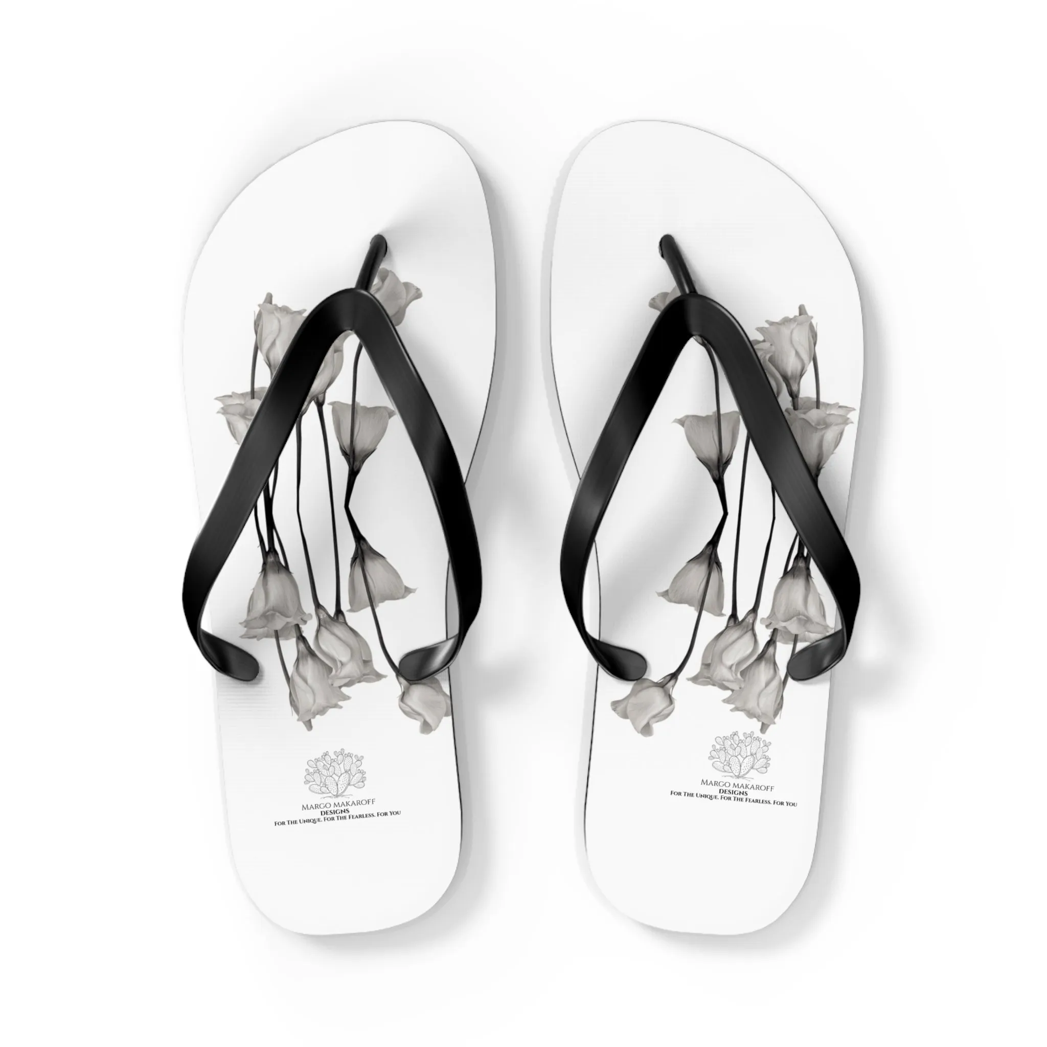 Monochrome Collection Floral Flip Flops - Stylish Summer Sandals - Margo Makaroff - Personalization Available