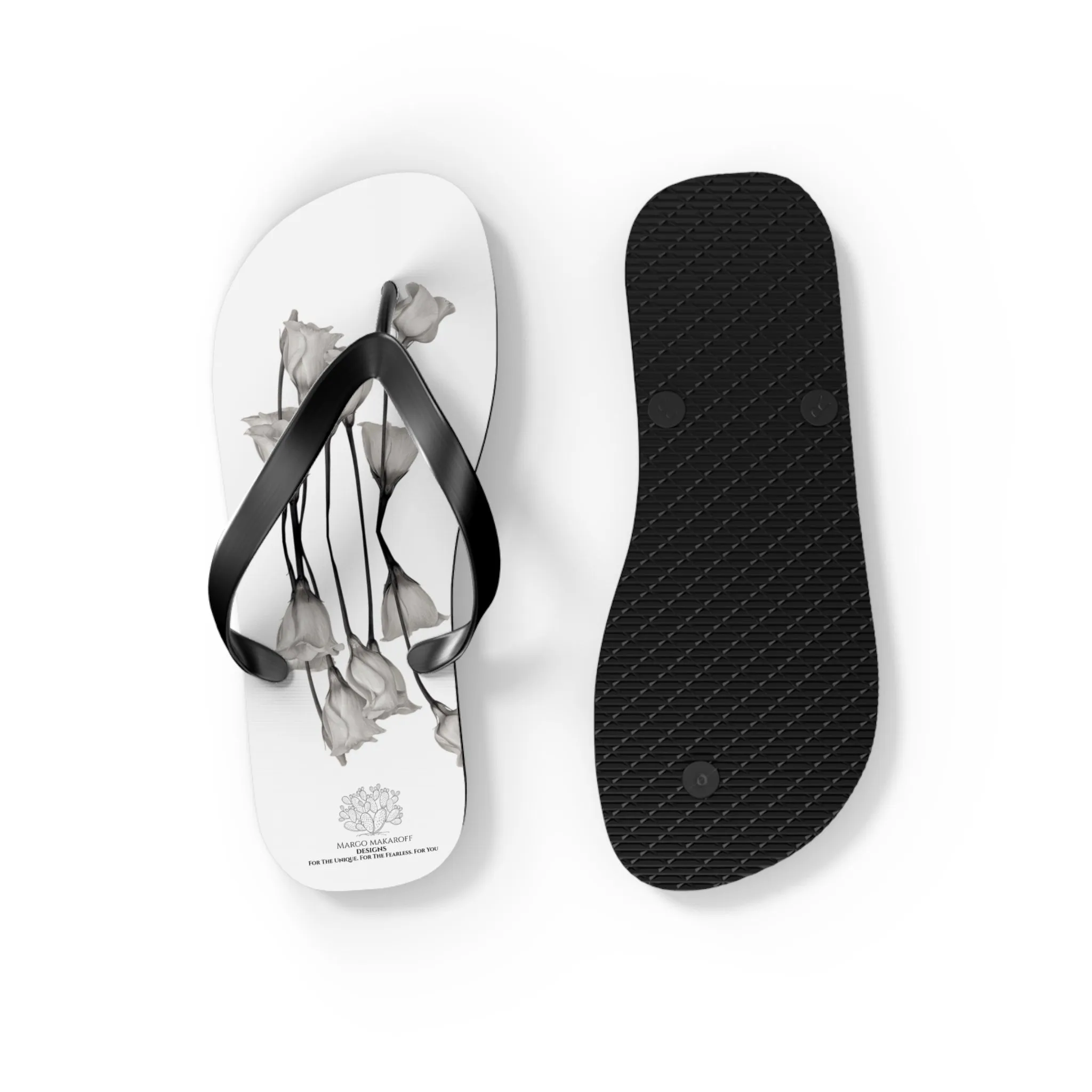 Monochrome Collection Floral Flip Flops - Stylish Summer Sandals - Margo Makaroff - Personalization Available