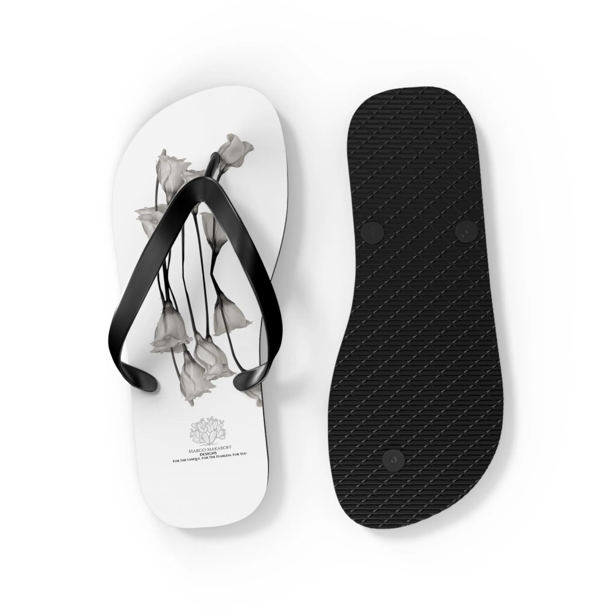 Monochrome Collection Floral Flip Flops - Stylish Summer Sandals - Margo Makaroff - Personalization Available