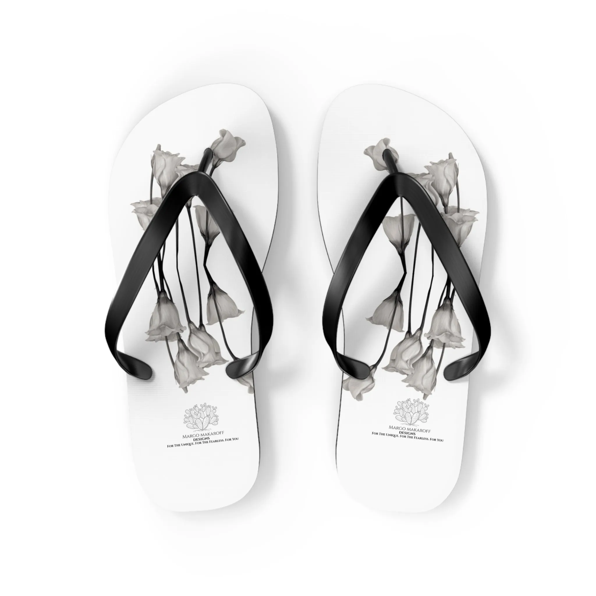 Monochrome Collection Floral Flip Flops - Stylish Summer Sandals - Margo Makaroff - Personalization Available