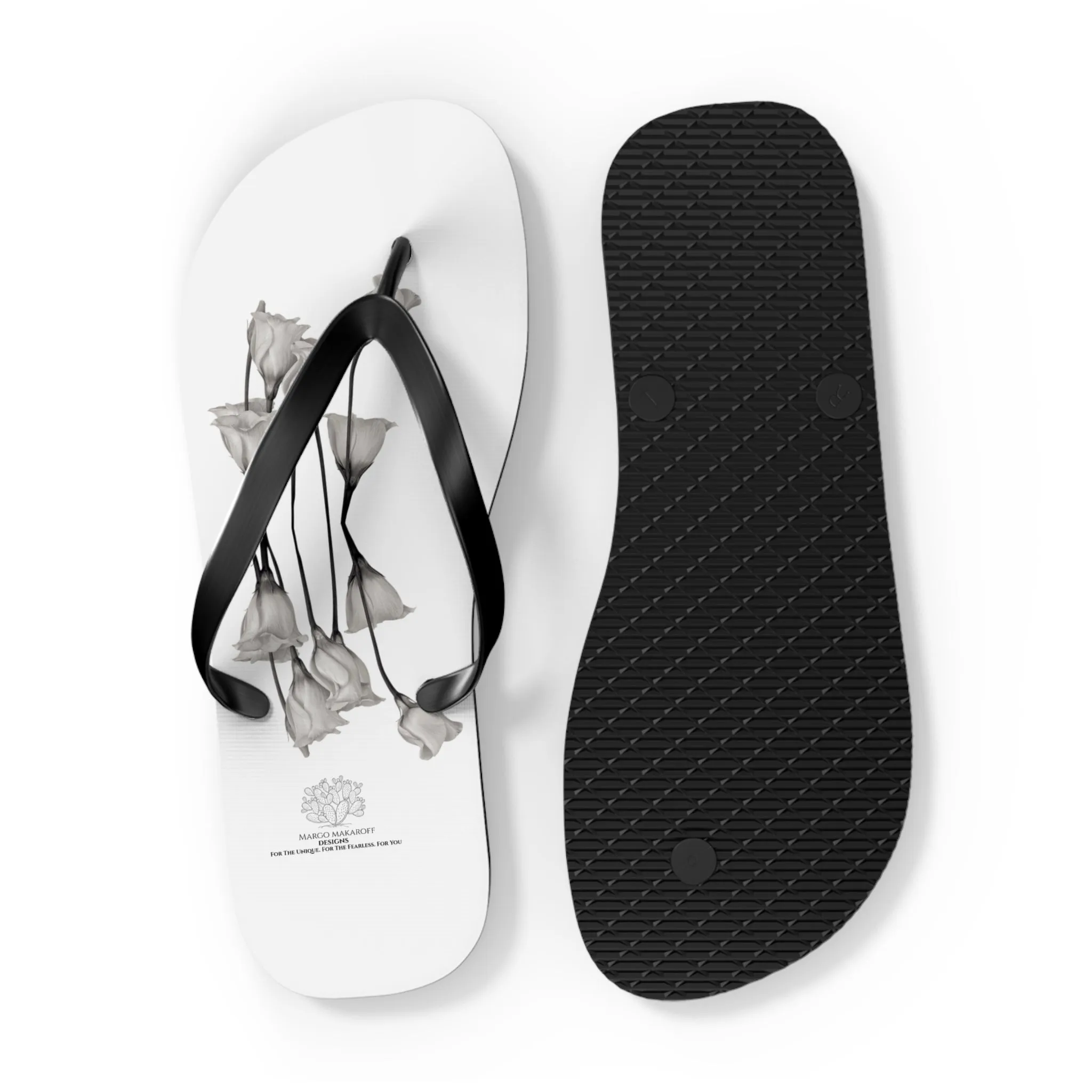 Monochrome Collection Floral Flip Flops - Stylish Summer Sandals - Margo Makaroff - Personalization Available